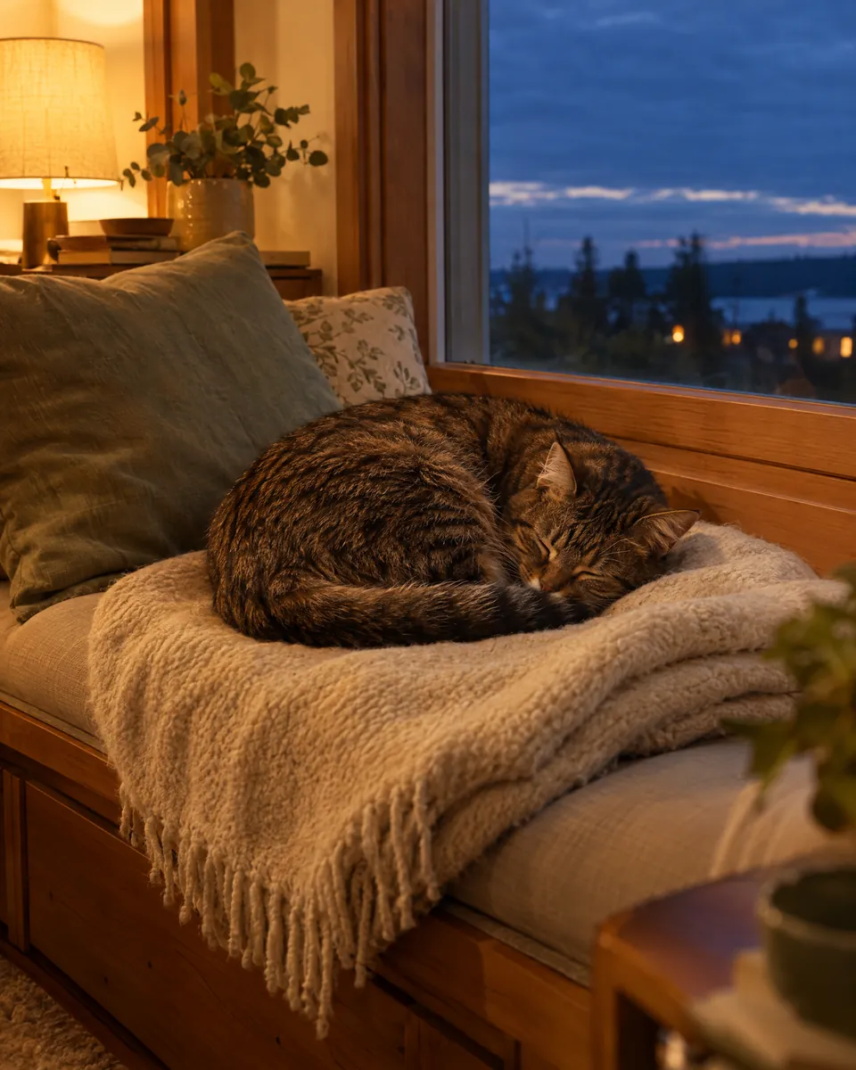 A cat asleep in the evening light