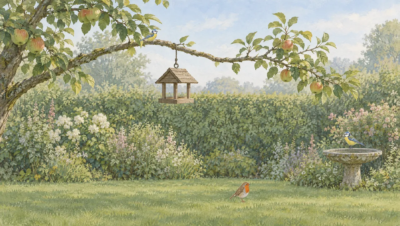 A painted garden with a blue tit on an apple branch, another on a birdbath and a robin on the lawn