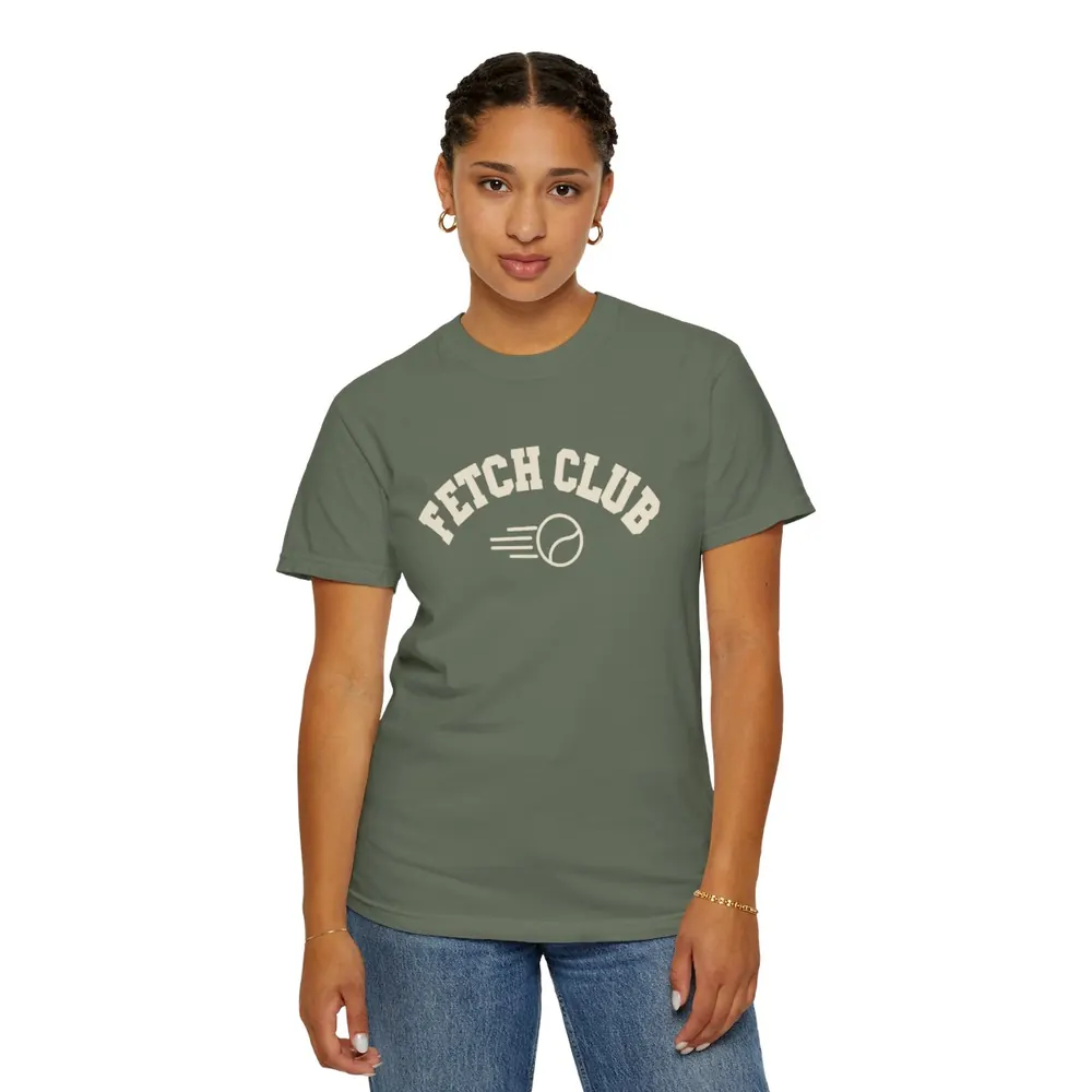 Model wearing the Fetch club varsity tee in Moss